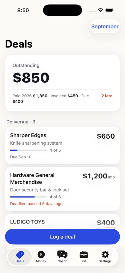Deals home: outstanding balance and deals as stamped passbook pages
